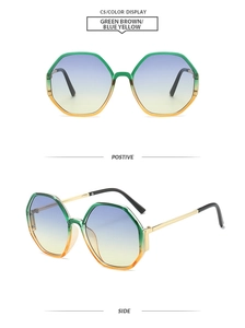 Detailed front and side views of oversized hexagonal sunglasses with gradient frames