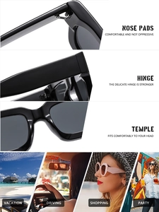 Close-up details of black square sunglasses featuring durable hinges and ergonomic nose pads