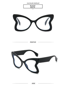 Detail view of butterfly frame glasses with black glossy finish and blue light coating