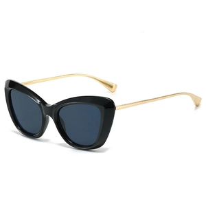 Retro cat-eye sunglasses with thick black frames and sleek gold metal temples
