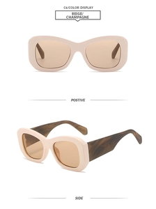 Front and side views of beige square sunglasses with champagne lenses and tortoiseshell temples