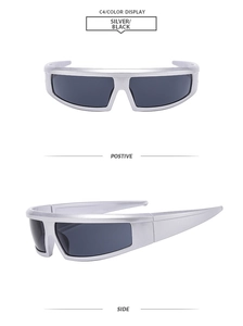 Duo-Ansicht der futuristischen silbernen Wrap-Sonnenbrille mit Front- und Seitenprofil