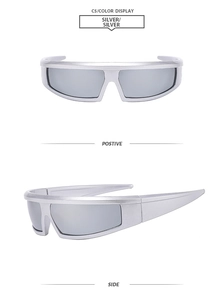Front- und Seitenansicht der futuristischen silbernen quadratischen Sportsonnenbrille
