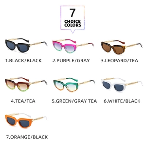 Showcase of seven color options for retro cat eye sunglasses with gold chain temples
