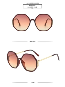 Front and side views of hexagonal sunglasses with brown-pink gradient lenses