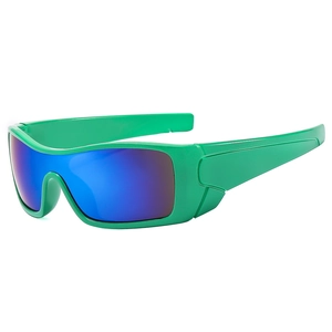 Fashionable oversized square sports sunglasses with green frame and blue reflective lenses