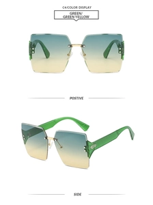 Front and side views of rimless square sunglasses with green-yellow gradient lenses