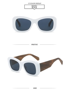 Detailed front and side views of vintage chunky square sunglasses with white frames