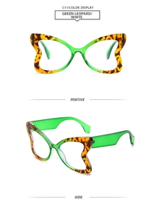 Detailed front and side views of butterfly-shaped green leopard print glasses frames