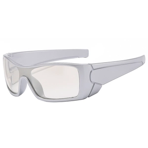 Retro futuristic silver frame sports sunglasses with wrap-around gray lenses for men