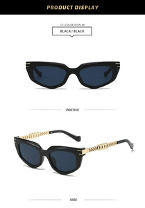 Black cat-eye sunglasses with luxury gold chain temples shown in front and side view