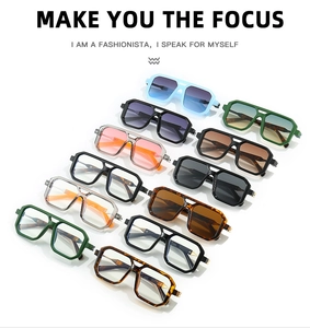 Detailed grid view of diverse colorful thick-frame aviator sunglasses with double bridge