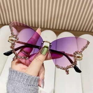 Butterfly Rimless Sunglasses Metal Rhinestone Gradient Lens UV400 Oversized Fashion Party Eyewear For Women