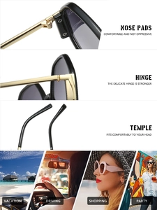 Detailed views of gold metal hinges, integrated nose pads and sleek temple arms of sunglasses