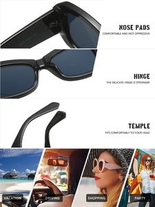 Detail view of square sunglasses with sturdy hinges, nose pads, and ergonomic temples