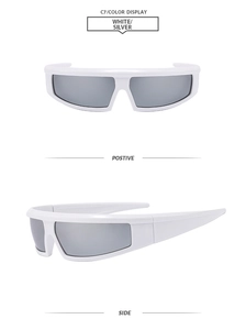 Front- und Seitenansicht der weißen quadratischen Sportsonnenbrille mit silbernen Gläsern