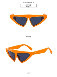 Front and side views of chunky orange triangle cat eye sunglasses with black lenses