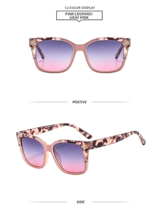 Detailed front and side views of pink leopard square sunglasses with gradient lenses