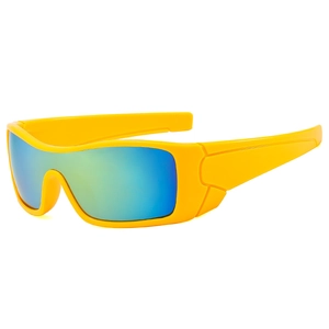 Bright yellow square frame sports sunglasses with blue-green mirrored wraparound lens