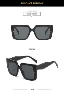 Front and side views of black square sunglasses featuring silver metal rivet details