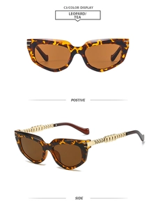 Detail view of leopard cat-eye sunglasses with unique gold hollow chain metal temples