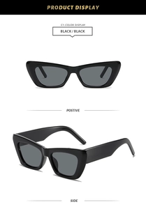 Vues détaillées de lunettes de soleil œil de chat noires de face et de profil