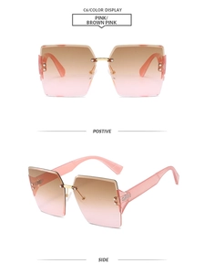 Front and side views of rimless square sunglasses with brown pink gradient lenses
