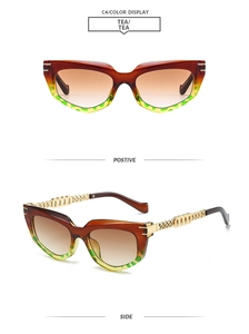 Front and side detail of cat eye sunglasses with golden metal chain temples