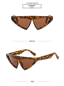 Detailed views of leopard print triangle sunglasses with translucent tea lenses