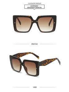 Front and side view of square leopard print sunglasses with gradient brown lenses