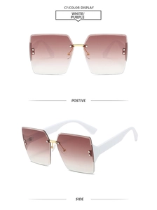 Detail view of square rimless sunglasses with purple gradient lenses and white temples