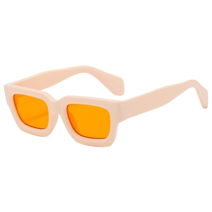 Fashion square thick beige frame sunglasses with orange lenses in a 45-degree view