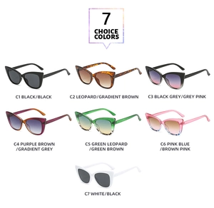 Detailed catalog showing seven color options for vintage cat eye sunglasses with tinted lenses