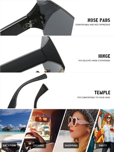 Detail view of square rimless sunglasses featuring reinforced metal hinges and nose pads
