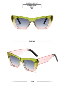 Vue détaillée des lunettes de soleil œil-de-chat avec monture dégradé vert et rose