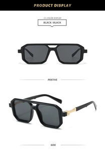 Detailed views of vintage square pilot sunglasses with black frame and gold metal accents
