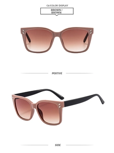 Detail view of square frame sunglasses with silver triple dot rivets in brown finish