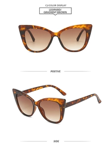 Detailed views of retro cat-eye sunglasses in leopard frame with gradient brown lenses