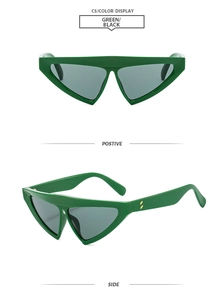 Macro view of green triangle sunglasses showing front and side views with gold accents