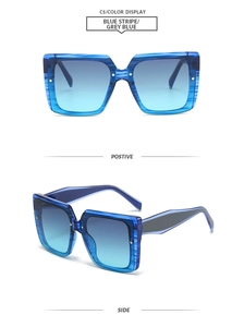 Detail view of square frame sunglasses featuring blue stripe pattern and grey blue lenses