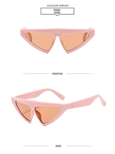 Pink triangular sunglasses with orange lenses showing front and side profile views