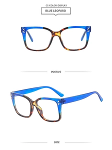 Detail view of blue leopard square frames with metal accents and side profile shots