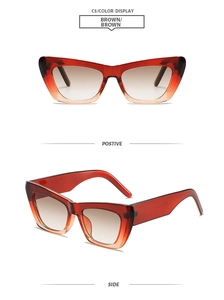 Vue détaillée de lunettes œil de chat avec verres dégradés marrons et monture brillante