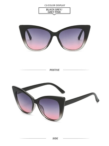 Front and side view of cat-eye sunglasses with black to clear frames and purple gradient lenses