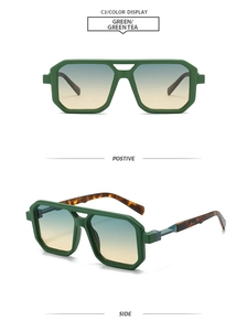 Detail view of square aviator sunglasses with green frames and tortoiseshell temples