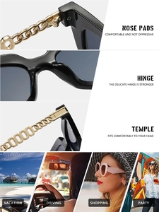 Detail view of square cat-eye sunglasses with gold chain temples and polarized lenses