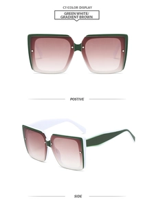Detailed front and side views of square green and white color-block luxury sunglasses