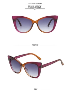 Detail view of cat-eye sunglasses with purple brown frame and gradient grey lenses