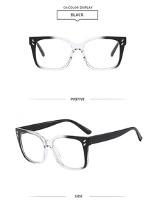 Detail of square gradient black eyeglass frame with silver rivet accents and side view