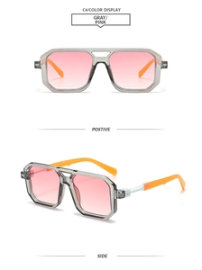 Front and side views of square pilot sunglasses with gray frames and pink gradient lenses